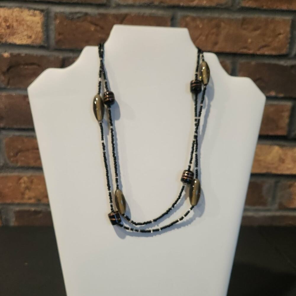 Vintage Black & Bronze Colors Beaded Necklace Larger Glass Accent Beads